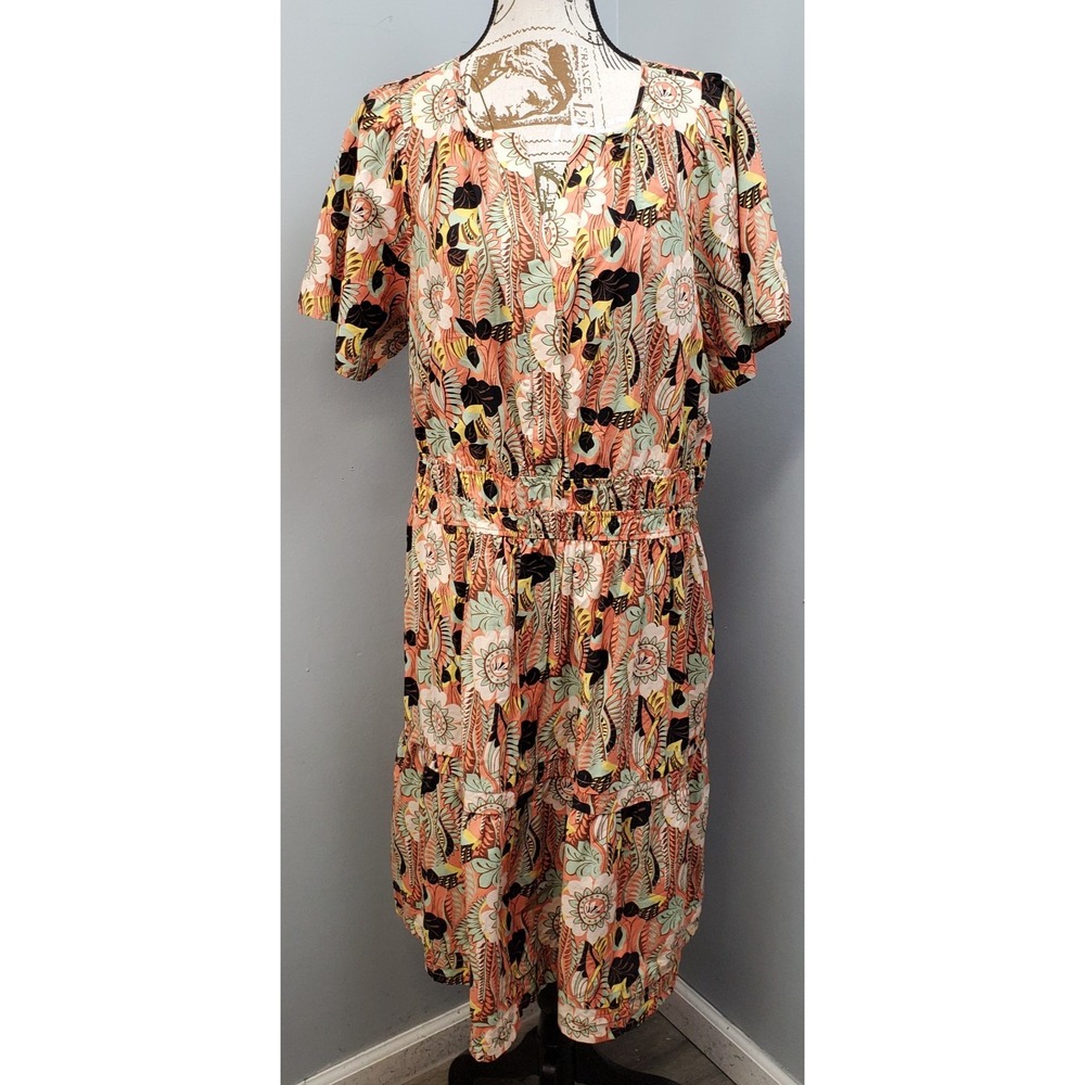 Maeve by Anthropologie Tiered Dress Womens 2X Multi Floral Short-Sleeve V-Neck